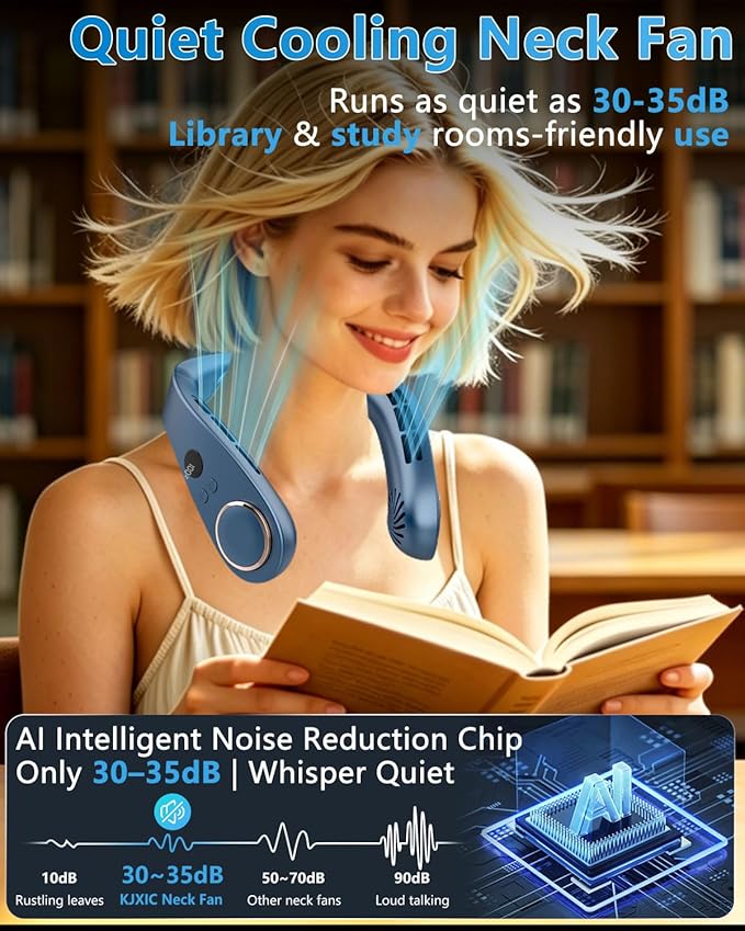 Neck Fan with Cooling Plate,Powerful Cooling 5500mAh 24H Long Battery,5 Speeds Portable AC Cooler Function,LED Display USB Hands Free Bladeless Wearable for Men Women Kids Office Home Travel Azure