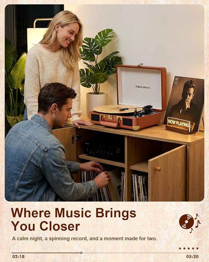 Vinyl Record Player Bluetooth Vintage 3-Speed Portable Suitcase Turntables with Built-in Speakers, Belt-Driven LP Player Support USB Recording AUX-in RCA Line Out Headphone Jack, Brown