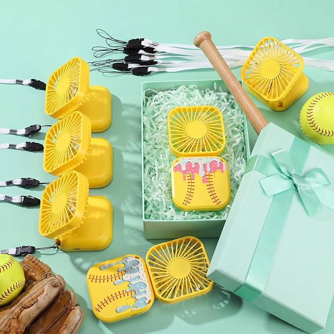 Retisee 12 Pcs Ice Cream Drip Softball Mini Portable Handheld Fans 3 Speed USB Rechargeable Necklace Fans Bulk 180° Foldable Electric Personal for Sport Party Favors Team Game Gift(Yellow)