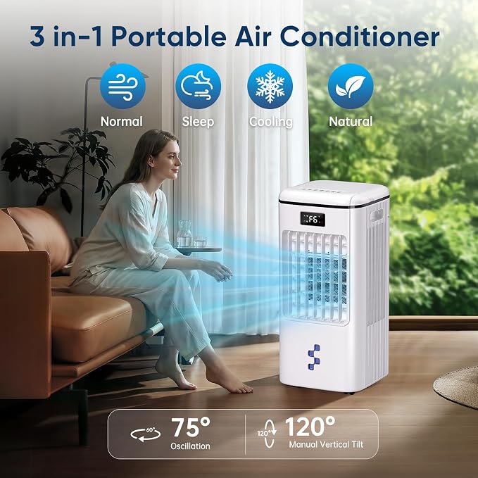 4-in-1 Evaporative Air Cooler, Portable Air Conditioner & Swamp Cooler with 3 Speeds & 4 Modes, 2-Gal Water Tank, Remote and Touch Control, Low-Noise for Indoor Daily Use
