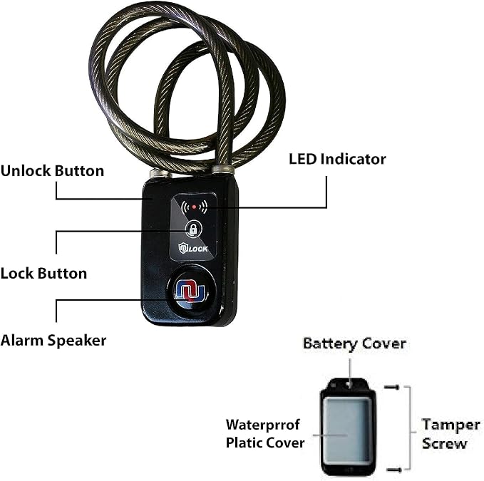 Nulock Keyless Bluetooth Bike/Motorcycle/Gate Lock IP44 Splash-Proof Cycling Lock with 110db Alarm, 0.38" Diameter 24-inch (2ft) Braided Steel Cable Padlock for Gate(2025 Version)