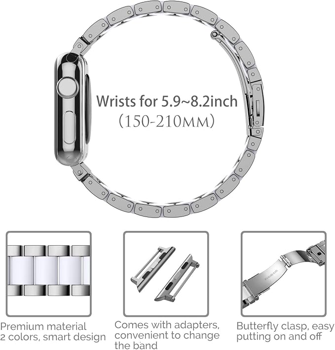 Wearlizer Compatible with Apple Watch Band 42/44/45/46/49mm Fashion Silver Womens Mens， Stainless Steel Strap White Resin Wristband Replacement iWatch Series 11 10 9 8 7 6 5 4 3 SE/Ultra 3 2 1