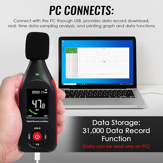 Decibel Meter Data Logger Sound Level Logger Noise Monitor with Data Recording, 31,000 Data, Graph Printing, MAX, Data Hold, 3-Color Light Alarm for Home, Office, Classroom, Industrial Use (30-130dB)