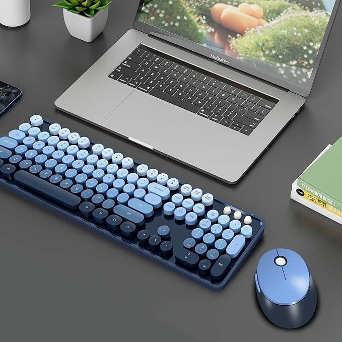 Kootop Wireless Keyboard and Mouse Combo, Cute Colorful 104 Keys Typewriter Retro Round Keycaps Keyboard for PC Laptop,Desktop,Windows, Home and Office Keyboards(Blue)