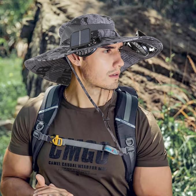 Outdoor Solar Powered Fan Hat for Men Women Breathable Wide Brim Hat with 2 Fans UPF 50+ Fishing Hat Beach Bucket Sun Hat