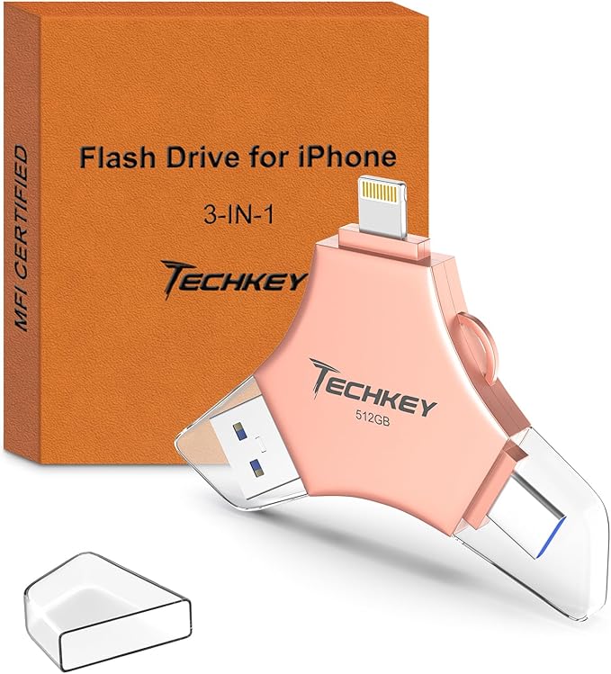 MFi Certified USB 3.0 Flash Drive 512GB for iPhone 3in1 External Memory Photo Keeper Storage Stick for Picture/Video/Data Saver/Backup High Speed Thumb/Jump/Hard Drives for iPad/Android/PC (Rose Pink)