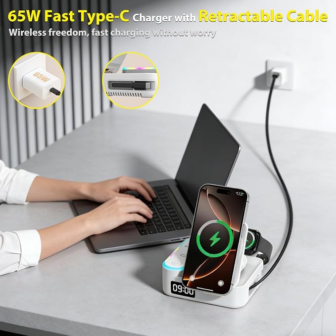 65W 8-in-1 Wireless Charging Station for Apple Samsung Multi-Devices, 3-Ports USB A/C Retractable Charger Stand/Desktop Orgnaizer for iPhone17/16/Galaxy 26/iPad/iWatch AirPods for Home Office, Family