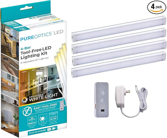 PureOptics LED Under Cabinet Light Kit, Motion Sensor, Dimmable, Linkable, 3 Color Settings, Tool-Free, for Kitchen, Cabinets and Closets, (4) 9" Bars