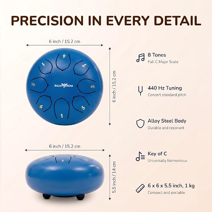 Balmy Drum Steel Tongue Drum 6 inch 8 Notes 440Hz, Handpan Drum with Music Book, Mallets, Carry Bag, Finger Picks, Rain Drum for Outdoor, Meditation Yoga Calming Instruments for Adults Kids (Blue)