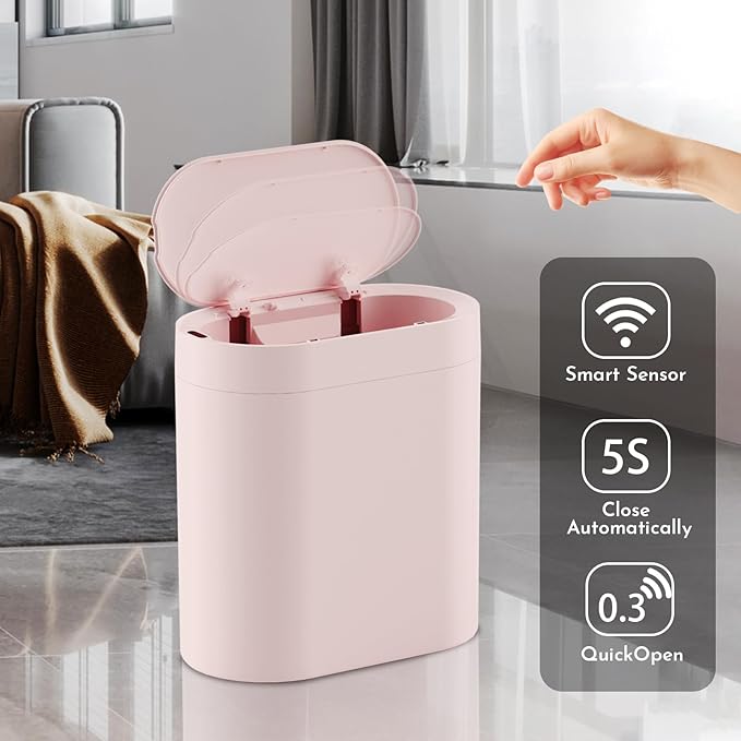 SYNCVIBE Bathroom Trash Can with Lid 2 Gallon Slim Motion Sensor Garbage Can Narrow Automatic Plastic Trash Bin for Bedroom, Living Room, Toilet, Office (Pink)