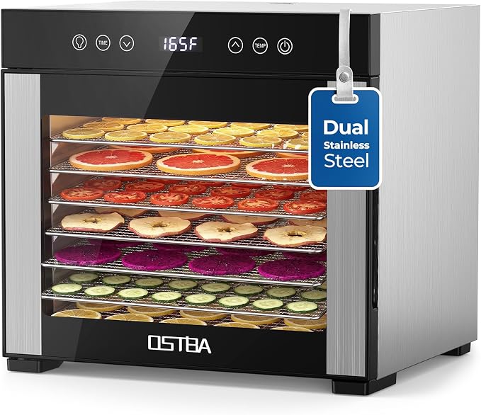 OSTBA Food Dehydrator, 8 Stainless Steel Trays, 95–165℉ Adjustable Temperature, 48h Digital Timer, Double-Layer Food Dryer for Fruit, Vegetable, Jerky, Herb, 650W Home & Commercial Use