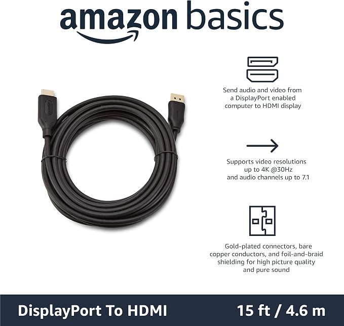 Amazon Basics DisplayPort to HDMI Cable, Uni-Directional, 4k@30Hz, 1920x1200, 1080P Full HD, Gold-Plated Plugs, 15 Foot, Black (Pack of 2)