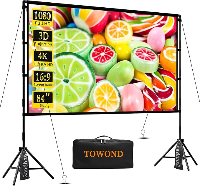 TOWOND Projector Screen with Stand, 84 inch Outdoor Projector Screen Portable Indoor Projection Screen 16:9 4K Rear Front Movie Screen with Carry Bag for Home Backyard Theater 84 inch
