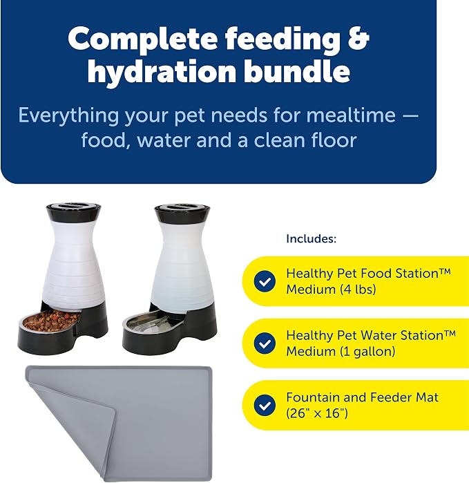 PetSafe Healthy Pet Food and Water Station with Waterproof Silicone Mat - Automatic Gravity Food and Water Dispenser for Cats and Dogs - BPA-Free Reservoir - Removable Stainless Steel Bowl - Medium