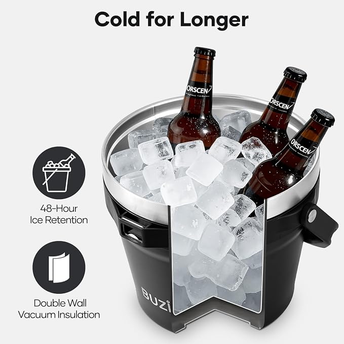 BUZIO 7.4 Qt/7 L Insulated Ice Bucket with Lid, Scoop, Tongs & Metal Cups, Double Wall Vacuum Stainless Steel Beer Bucket, Holds 6 Longnecks/3 Wine Bottles, for Parties Bar, Black