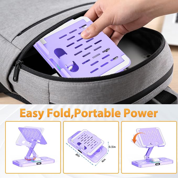 30W Charging Station for Apple Products, Foldable Wireless Charger with Clock Display&7 Color Light, Wired Charging for iPad/Tablet Charging Station for iPhone17, for Apple Watch11 for AirPods4(Purple
