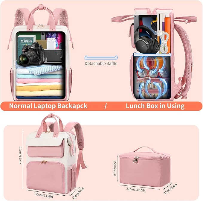BERTASCHE Lunch Backpack for Women, 15.6 Inch Laptop Backpack with Insulated Cooler Lunch box, Nurse Backpack for Teacher Work Travel College Picnic,Pink-Beige