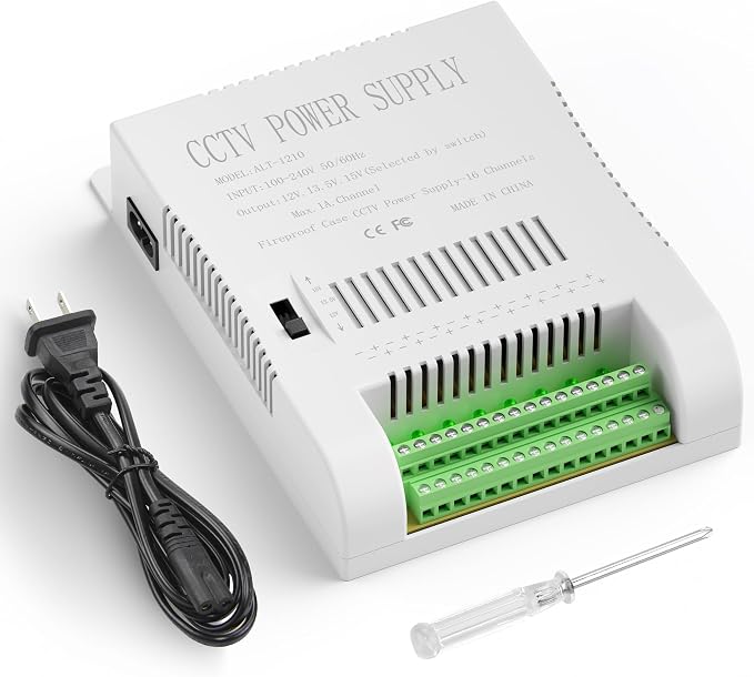 ALITOVE Security Camera CCTV Power Supply 12 Volt 16 Channel Power Distribution Box 10A 120W DC Voltage Adjustable 12V 13.5V 15V AC Adapter 100-240V 50-60Hz for DVR NVR Camera, LED Strip Light