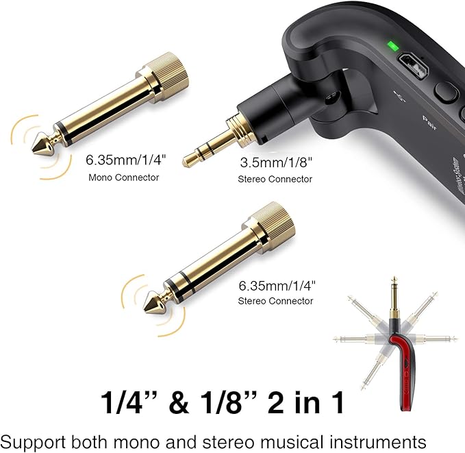 LEKATO Wireless Guitar System 2.4GHz Rechargeable Audio Wireless Transmitter Receiver 6 Channels for Guitar Bass Electric Instruments, Stereo and Mono 1/4” & 1/8” 2 in 1 Plugs,Black(WS-60)
