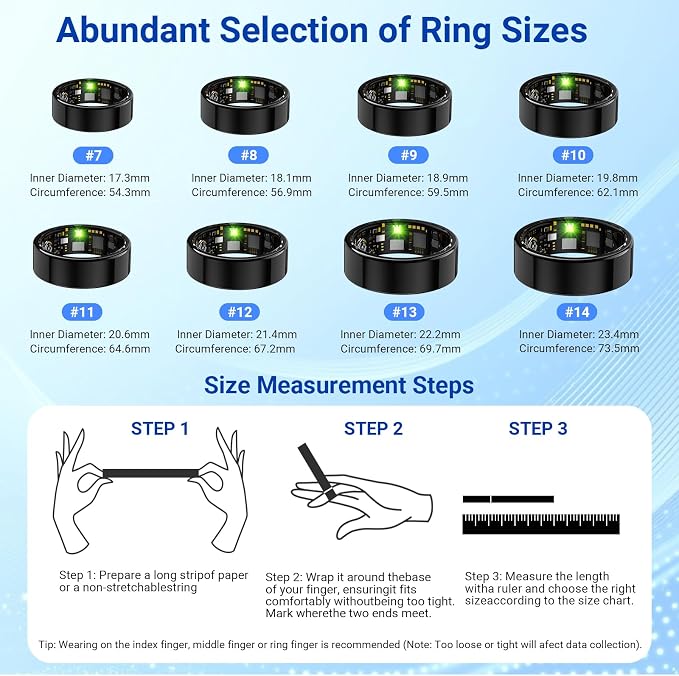 Health Rings for Women Men, Fitness Tracker with Heart Rate,Blood Oxygen, Blood Pressure, Sleep/Step Tracker, IP68 Waterproof Smart Ring for iPhone & Android (Silver, 7#)