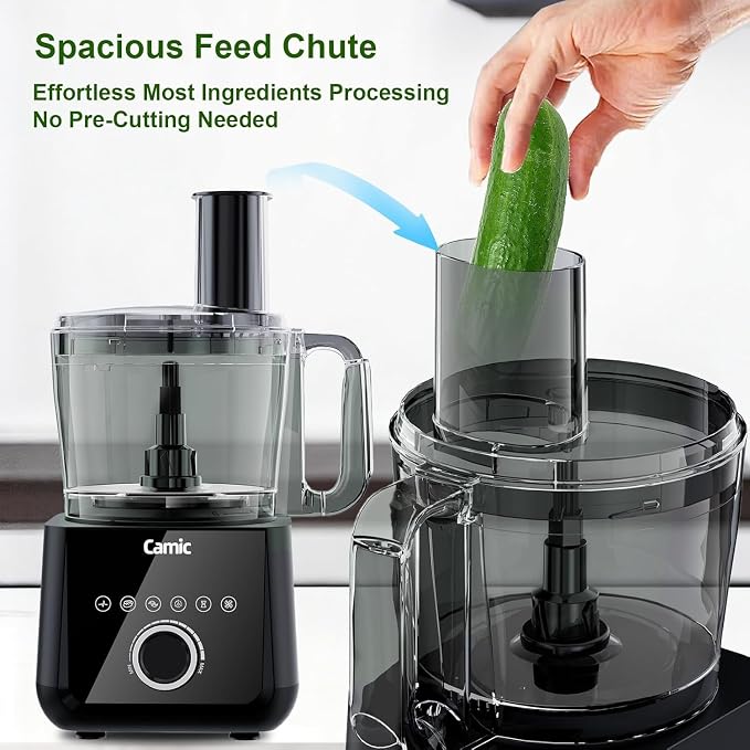 Camic Food Processor and Blender for Home Use, 600W, Blending, Grinding, Shredding, Slicing, Doughing, Meat and Vegetable Chopping, Ice Crushing, 6 Presets, Easy to Operate and Clean (Upgrade Version)