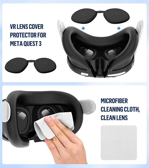 Silicone Cover Set Compatible with Meta/Oculus Quest 3 Accessories, Controller Grips, VR Shell Cover, Facial Interface Cover, Protective Lens Cover, Tempered Glass Lens Caps, Not Fit Quest 3S