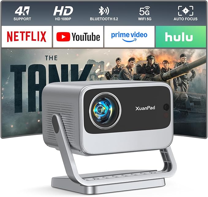[Officially-Licensed App & Auto Focus]Li Black Smart Mini Projector with WiFi and Bluetooth, XuanPad 4K Support Movie Projector, Portable Native 1080P Outdoor Projector with 360° Stand