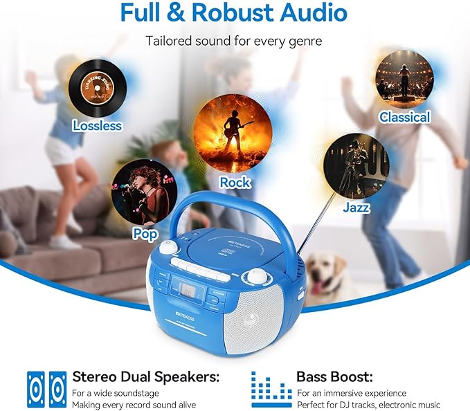 Retekess TR621P CD Player Boombox,Cassette Tape Player,Wireless,AM/FM Radio,Remote Control,Stereo Sound,Tape Recording, USB/TF,AC/D Battery Powered for Home