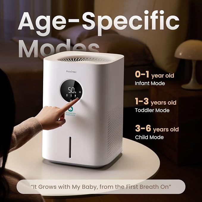 Provirtec Pro Baby Evaporative Humidifier for Bedroom, MistFree & No White Dust, BPA-Free and 16dB Quiet Sleep for Kids, 3 Age-Modes, Auto Control, Tap Water Safe, 4L Easy Clean Tank for Nursery