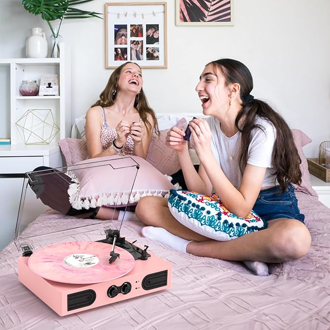 Vinyl Record Player with Built-in Speakers 3-Speed Vintage Record Player Support Treble& Bass Control, 3.5mm Headphone Jack, RCA-Out/Aux in, Belt-Driven LP Turntable,Pink