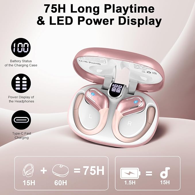Wireless Earbuds, 75hrs Bluetooth 5.4 Headphone Sport, 2026 Bluetooth Earbuds Deep Bass Over Ear Buds with Earhooks, ENC Noise Cancelling Earphone Mic, IP7 Waterproof for Workout/Running/Gym Rose