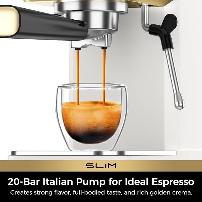 CHULUX Slim Espresso Machine with Milk Frother, 20 Bar Professional Italian Pump Espresso Coffee Machine for Home Cappuccino & Latte Maker, Stainless Steel, White and Gold