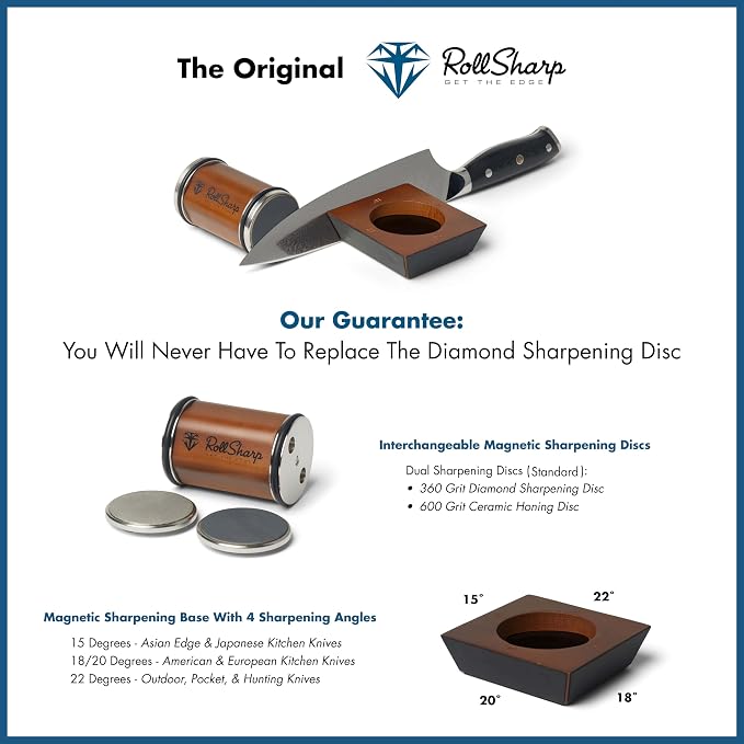 Rolling Knife Sharpener made easy with 2 Diamond Discs & 4 Magnetic Angles 15°/18°/20°/22° for All Kitchen Knife Set, Birthday Gifts for Men & Women