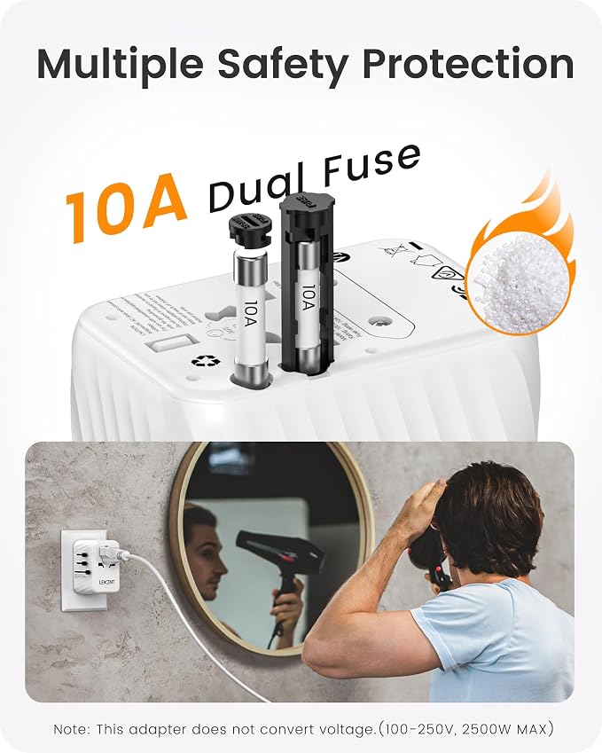 LENCENT Universal Travel Power Adapter, International AC Plug Adaptor with 3 USB A Ports 1 Type C PD Wall Charger Worldwide Travel Essentials for US to EU UK Ireland Australia (Type C/G/A/I) White