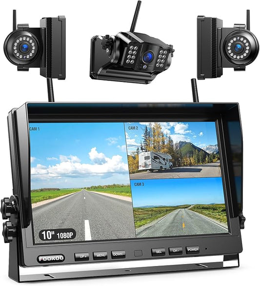 Fookoo HD 10" Magnetic Wireless Backup Camera,10" IPS Split Screen Monitor, Rechargeable 2 Side View 1 Rear View Cameras,Low Consumption 1-Min Install No Drilling Recording for Trailer Truck DCX103