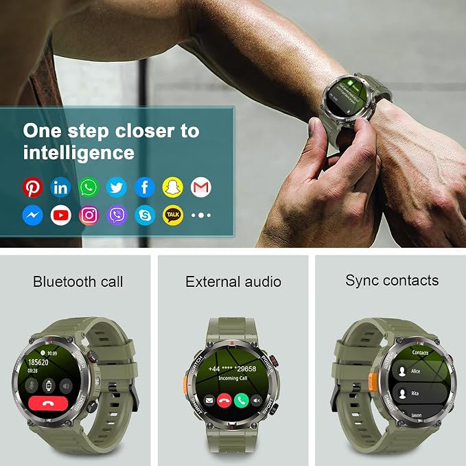 Military Tactical Smart Watches for Men, 100-Day Battery Rugged Fitness Watch with Compass & Flashlight, Sports Watch for Android with 1.45" HD Display AI Voice, IP68 Waterproof Smartwatch (Green)
