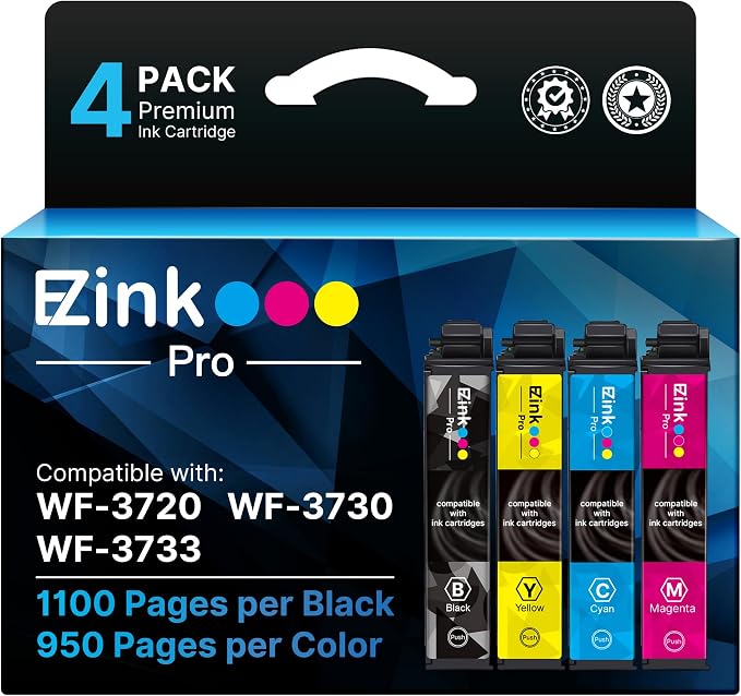 E-Z Ink Pro Remanufactured Ink Cartridge Replacement for 702XL for Epson Printer Workforce Pro WF-3720 WF-3730 WF-3733 (1 Large Black, 1 Cyan, 1 Magenta, 1 Yellow, 4 Pack)