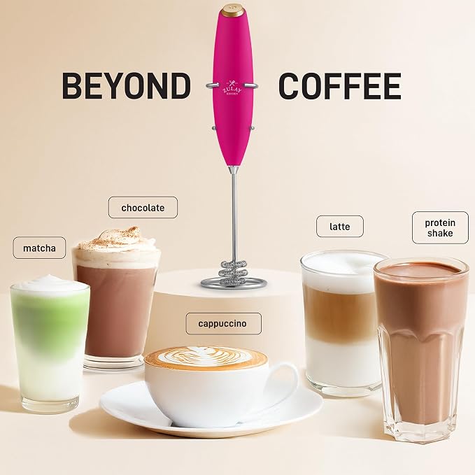 Zulay Kitchen Powerful Milk Frother Wand With Duracell Batteries - Ultra Fast Handheld Drink Mixer - Electric Whisk Foam Maker for Coffee, Lattes, Cappuccino & Matcha - Triple Whisk - Magenta Gold