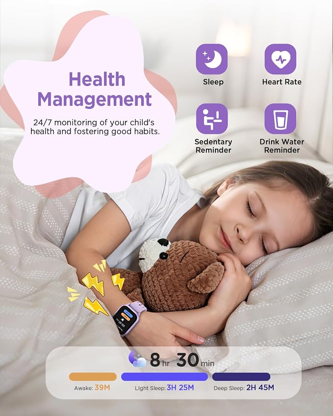 Smart Watch for Kids NO APP/Phone, 1.52" Fitness Tracker Watch Pedometer, Heart Rate, Flashlight, Video Camera, Puzzle Games, Sleep Monitor, IP68 Waterproof, Gift for Boys Girls 5-16,Purple