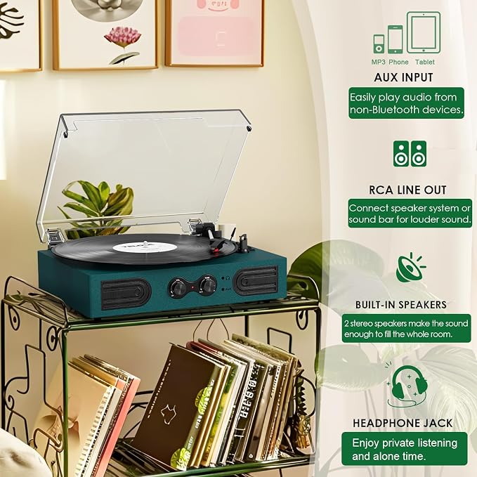 Vinyl Record Player with Built-in Speakers 3-Speed Vintage Record Player Support Treble& Bass Control, 3.5mm Headphone Jack, RCA-Out/Aux in, Belt-Driven LP Turntable,Dark Green
