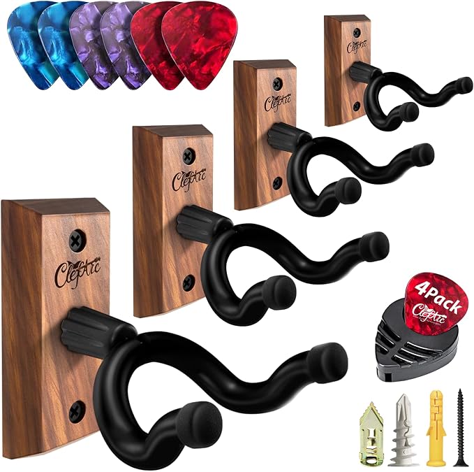 Black Guitar Wall Mount 4 Pack, Picks and Pick Holders, Black Walnut