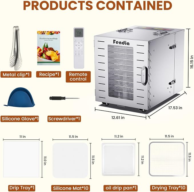 Food Dehydrator for Jerky, Remote Control, Large 10 Stainless Steel Trays, 1000W Fruit Dehydrator, 24H Timer and 194°F Temperature Control, Overheat Protection, Food Dryer for Jerky, Fruit, Dog Treats