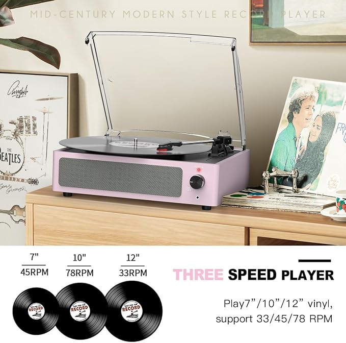Record Players for Vinyls Turntable with Speakers Belt-Driven Turn Tables LP Phonograph Support 3-Speed Full Size Bluetooth Wireless Playback Headphone AUX RCA Line New Sleek Pale Light Pink