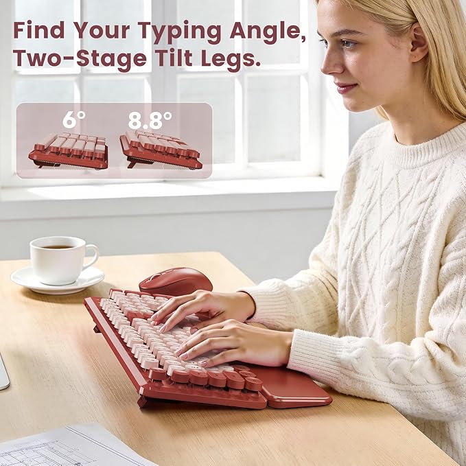 Wireless Keyboard and Mouse Combo with Magnetic Wrist Rest, Round Keycaps, Full-Size Retro Typewriter-Style Keyboard, Two-Stage Tilt Legs, Auto-Sleep, 2.4GHz Wireless for Windows PC Laptop, Wine Red