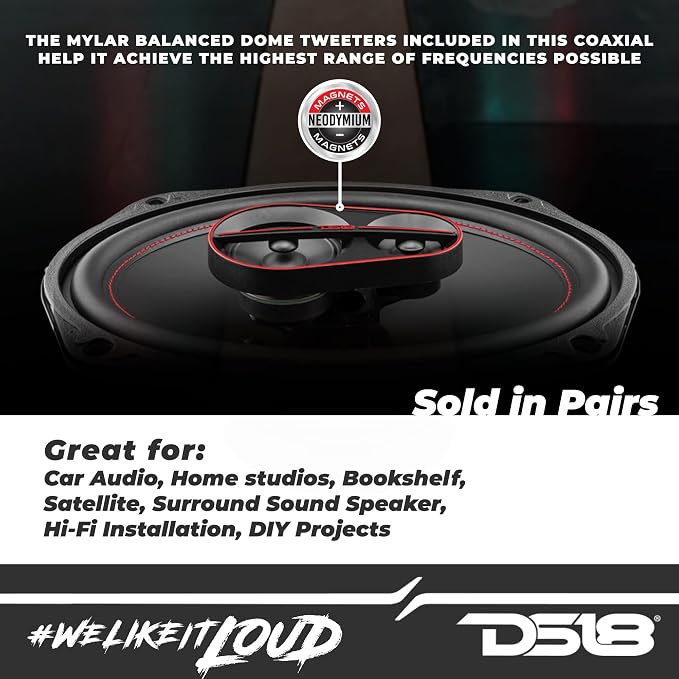 DS18 G6.9Xi GEN-X 6x9 3-Way Coaxial Speakers 180 Watts 4-Ohm with Mylar Dome Tweeters - Grill Included - Full Range Speaker Great for Car Stereo Sound System - Pair