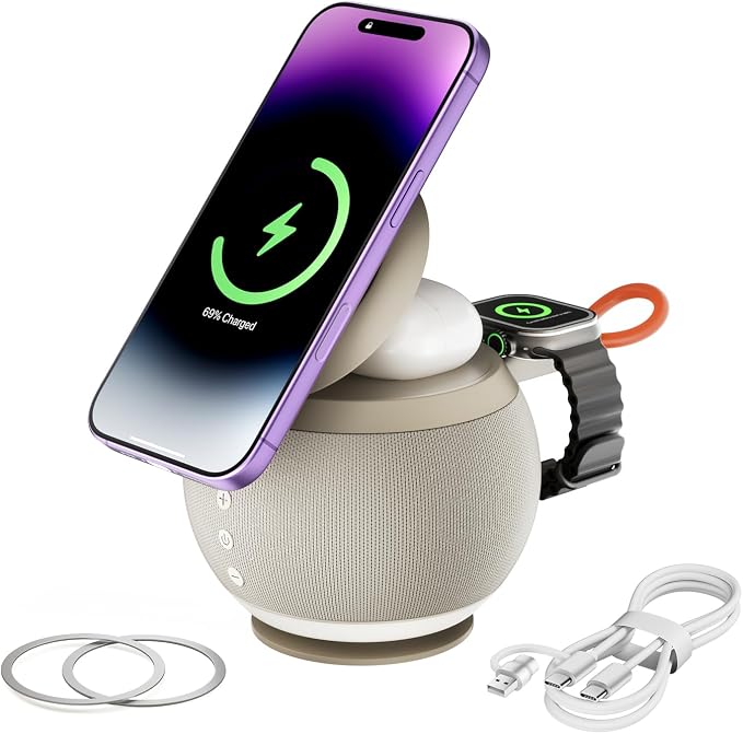 5 in 1 Wireless Charging Station with Bluetooth Speaker and Night Light, Magnetic Fast Charger Stand for iOS Phones, Smartwatch and Wireless Earbuds, Bedside Charging Station, Brown