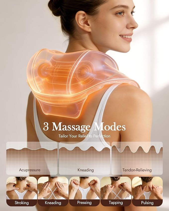Neck Massager with Heat Cordless: Shiatsu Back Shoulder Massage Tools for Pain Relief Deep Tissue Electric 4D Kneading for Muscle Remedy Lymphatic Drainage Gifts for Men Women Mom Dad (Brown)