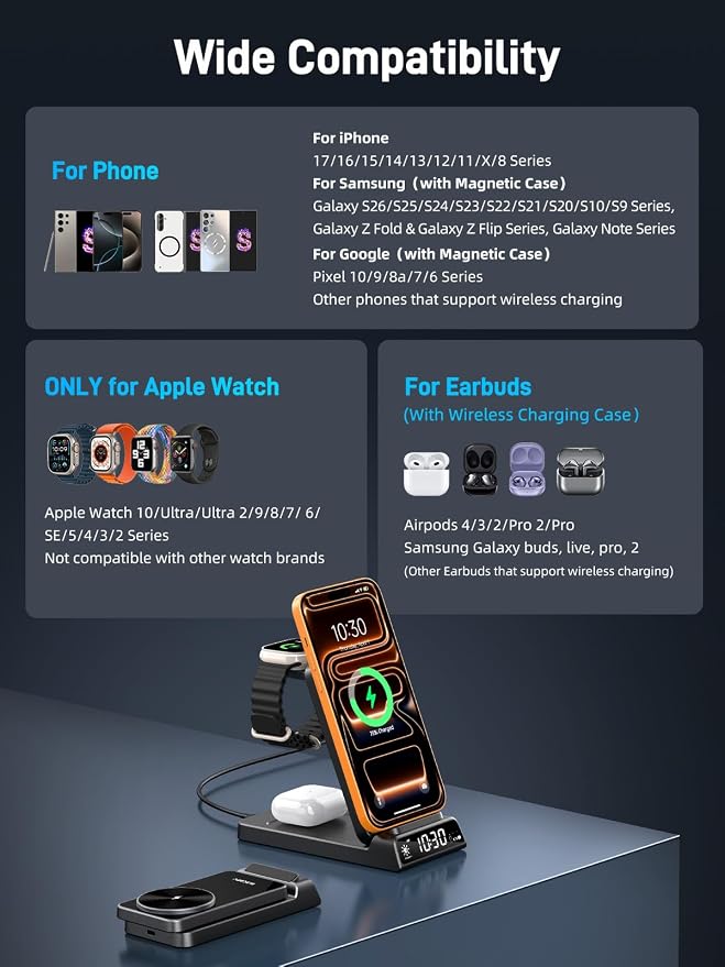 3 in 1 Charging Station for Apple, ELECDOV Magnetic Charger for iPhone, Foldable Wireless Charger with Clock, Travel Watch Charger Stand for iPhone 17/Air/16/15 Series, iWatch 10/AirPods 4 (Black)