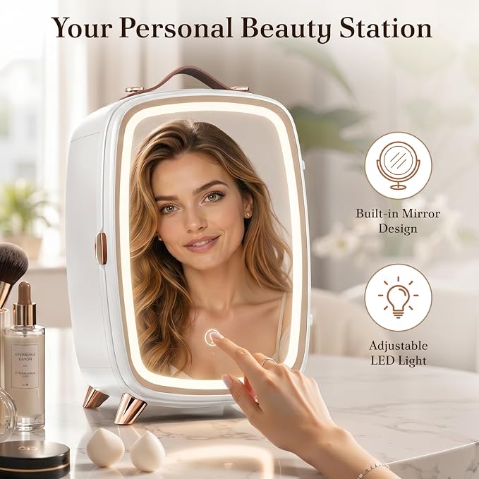 Electactic Mini Skincare Fridge with Dimmable LED Mirror, 6L Makeup Fridge Holds 8 Cans, 7° Lean-Back Mirror Design, Portable Cosmetic Refrigerator for Skincare, Beauty Products & Drinks, White