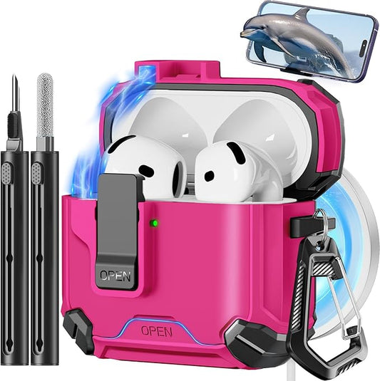 Pohgelan Compatible with AirPods 4 Case,Magnetic Automatic Lock with Phone Stand & Cleaning Kit,Compatible with Magsafe Cover -Rose red
